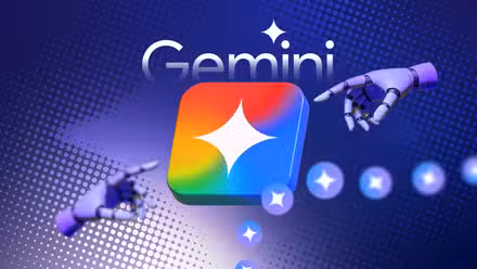 Two robotic hands pointing at a 3D colorful Gemini app icon